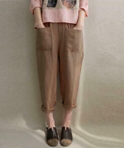 new women ladies casual loose high waist long pants linen cotton elastic trouser female summer casual loose trouser