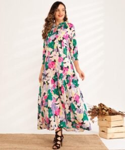 new summer maxi dress women 2021 multicolor floral printing 3/4 sleeve bow tie collar a-line bohemian elegant holiday style robe