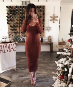 knitted bodycon maxi dress v neck long sleeve women long thin dress