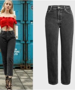 high waist straight jeans woman casual boyfriend jeans for women denim pants dark grey