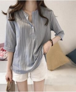 fashion women summer stripe long sleeve shirt ol ladies loose button casual blouse tops plus size women clothes