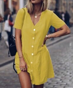 office casual womens dresses v-neck short sleeve buttons sundress