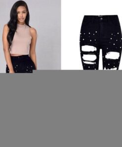 high waist jeans woman pencil ripped jeans with pearl womens pants black vaqueros mujer cintura alta