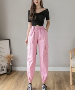 high waist  women’s looses cargo pants with belt nine-point harem pants colorfur  high waist pants sashes pockets office pants