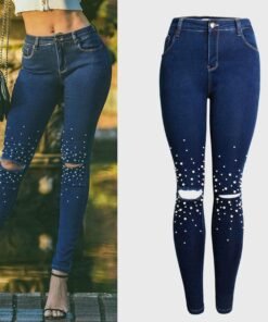 ladies high waist knee ripped jeans with beads women`s dark blue stretchy denim pants jeans for woman