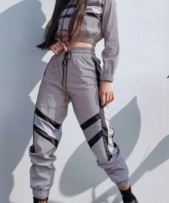 silver reflective color block sports hoodie pants suit set