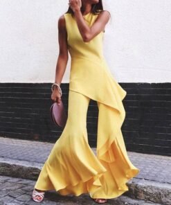 irregular sleevelss summer jumpsuit women long flare pants yellow rompers womens jumpsuit elegant workwear combinaison femme