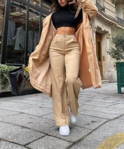 streetwear khaki wide leg women pants casual loose high waist flared pants ladies slim long trousers pantalon cargo femme