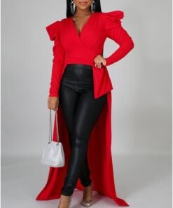 elegant puff sleeve tops women solid long hem plunge tops long sleeve v neck shirt blusa mujer spring plus size shirt