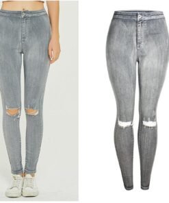 knee ripped women's high waist slim pencil jeans spring casual pants gray trousers stretchy jeans