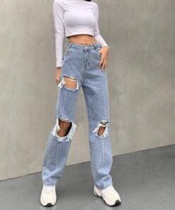 casual hollow out high waist pants woman button zipper solid straight baggy jeans  fashion spring