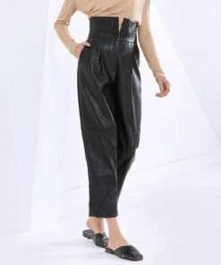 casual high waist pocket ladies pu leather pants woman black fashion zipper harem pants  chic