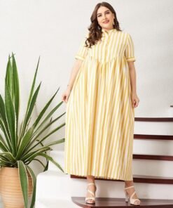 new summer women yellow striped long dress button short-sleeve maxi dress plus size dress casual loose fat large dresses