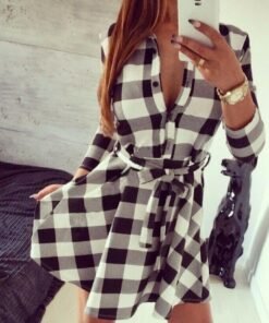 hot fashion women ladies long sleeve loose dress high waist dress v-neck plaid summer casual mini dress sundress